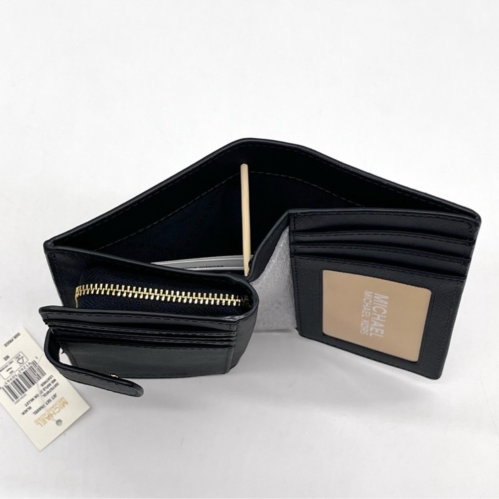 NWT Michael Kors Medium Crossgrain Leather Wallet Black-with gold logo - Picture 5 of 9